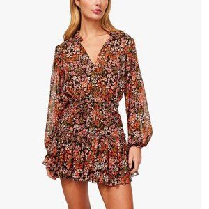 MISA Los Angeles Lorena Chiffon Mini Dress Small Floral Pink Black Long Sleeve